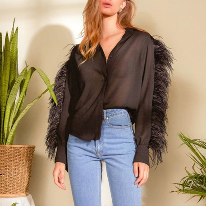 Feather Trim Lapel Shirt – Modern Soft Statement