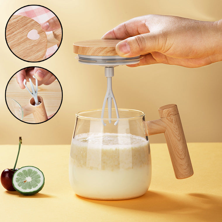 Hand holding a wooden-handled milk frother over a glass of milk with close-up insets on a yellow background.
