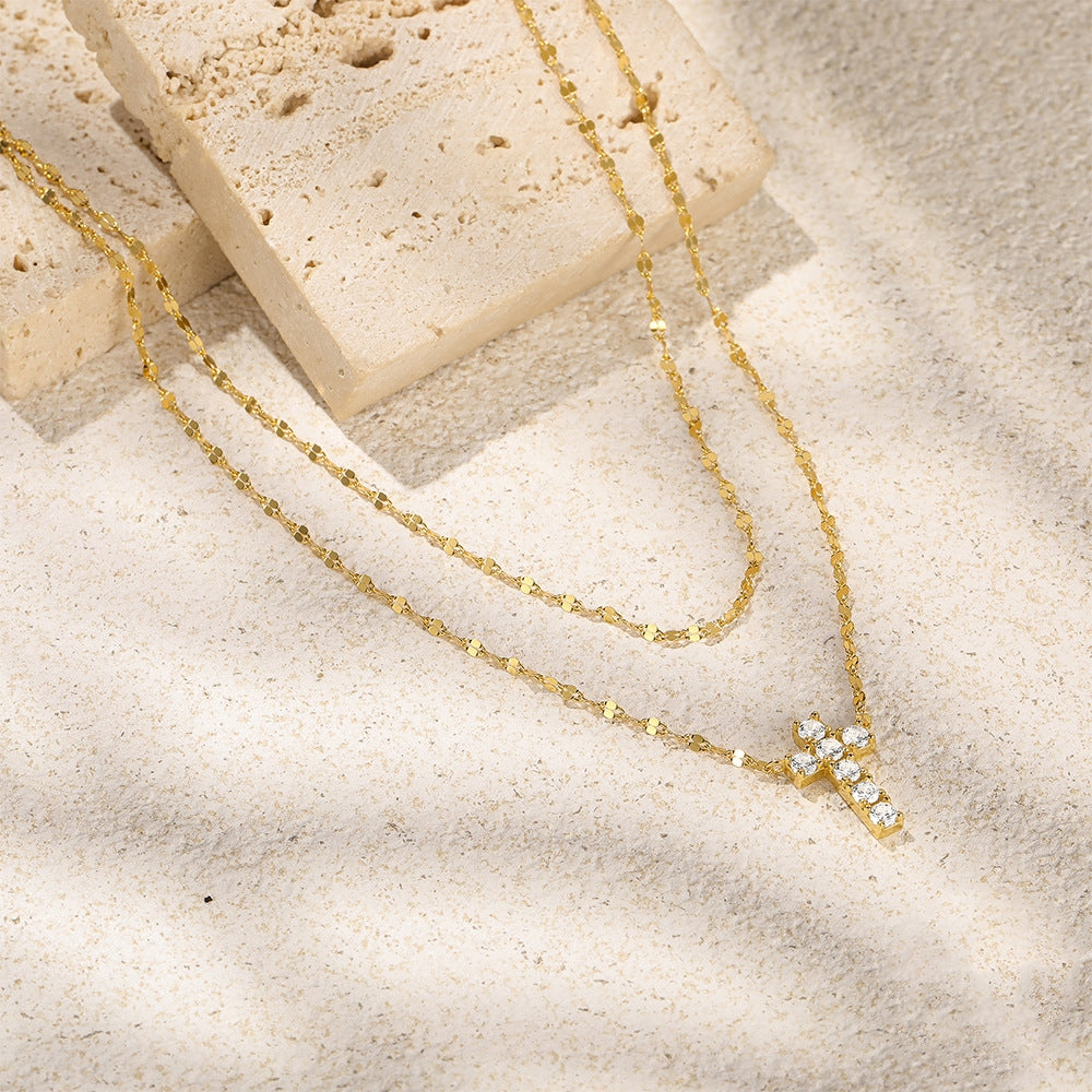 S925 Sterling Silver Twin-Layer Cross Necklace – Diamond-Studded Elegant Shine
