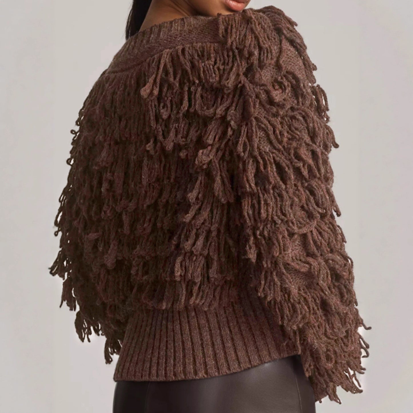 Textured Fringe Knit Cardigan – Statement Loop-Detail Sweater in Soft Brown