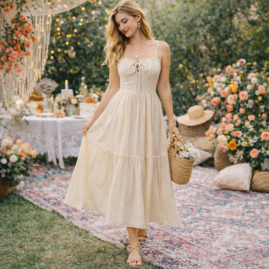 Woman in a beige dress holding a basket in a garden setting with floral decorations and tables.