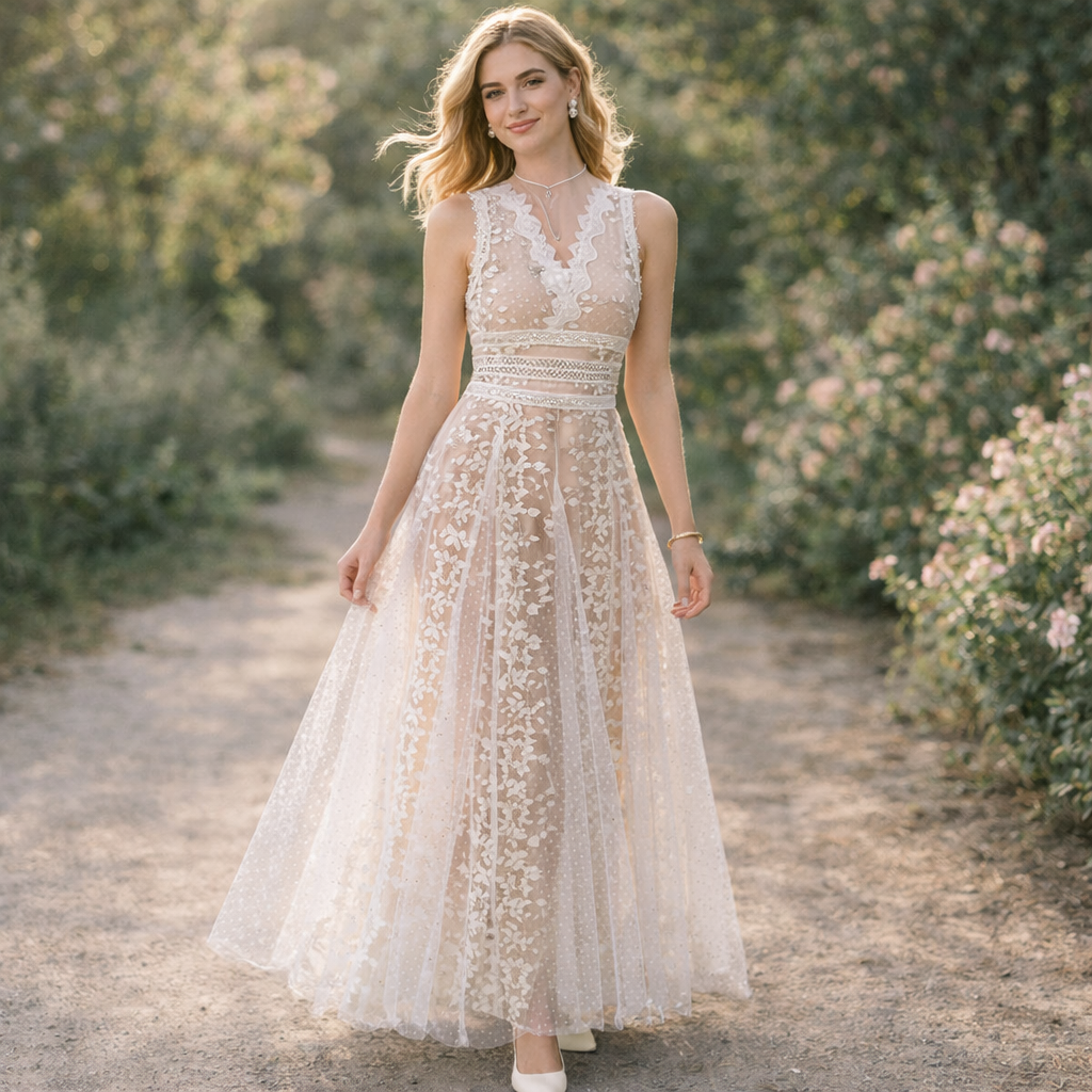Woman in a lace dress standing in a natural setting with greenery and flowers.