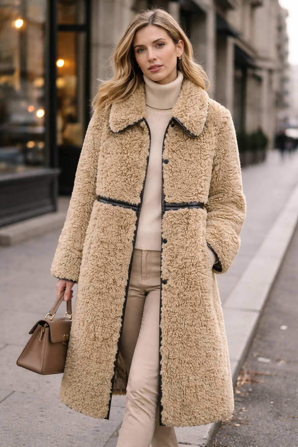 Woman wearing a beige teddy coat on a city street