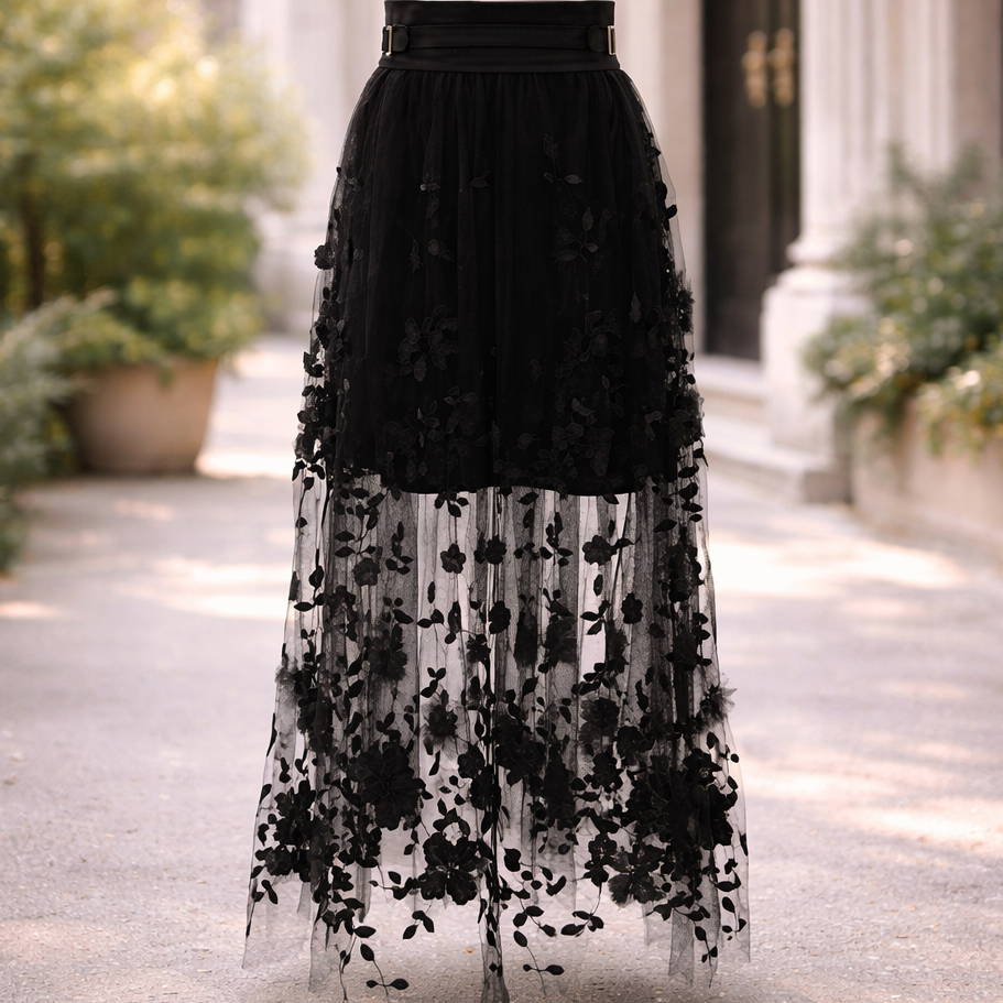 Black floral lace dress on a white background