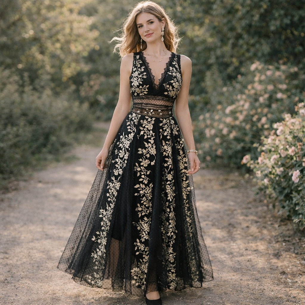 Woman wearing a black lace dress with gold floral patterns in an outdoor setting.