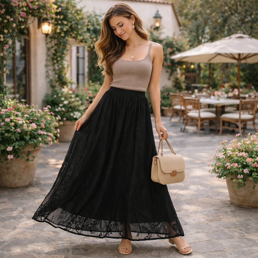 Woman in a beige top and black lace skirt standing in an outdoor setting with tables and plants.