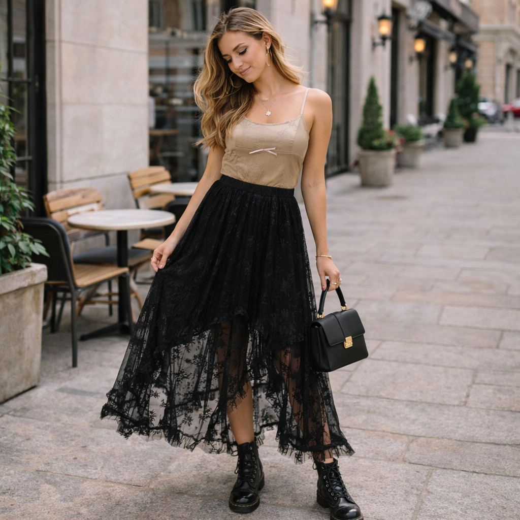 Woman in beige top and black lace skirt walking on a city street.