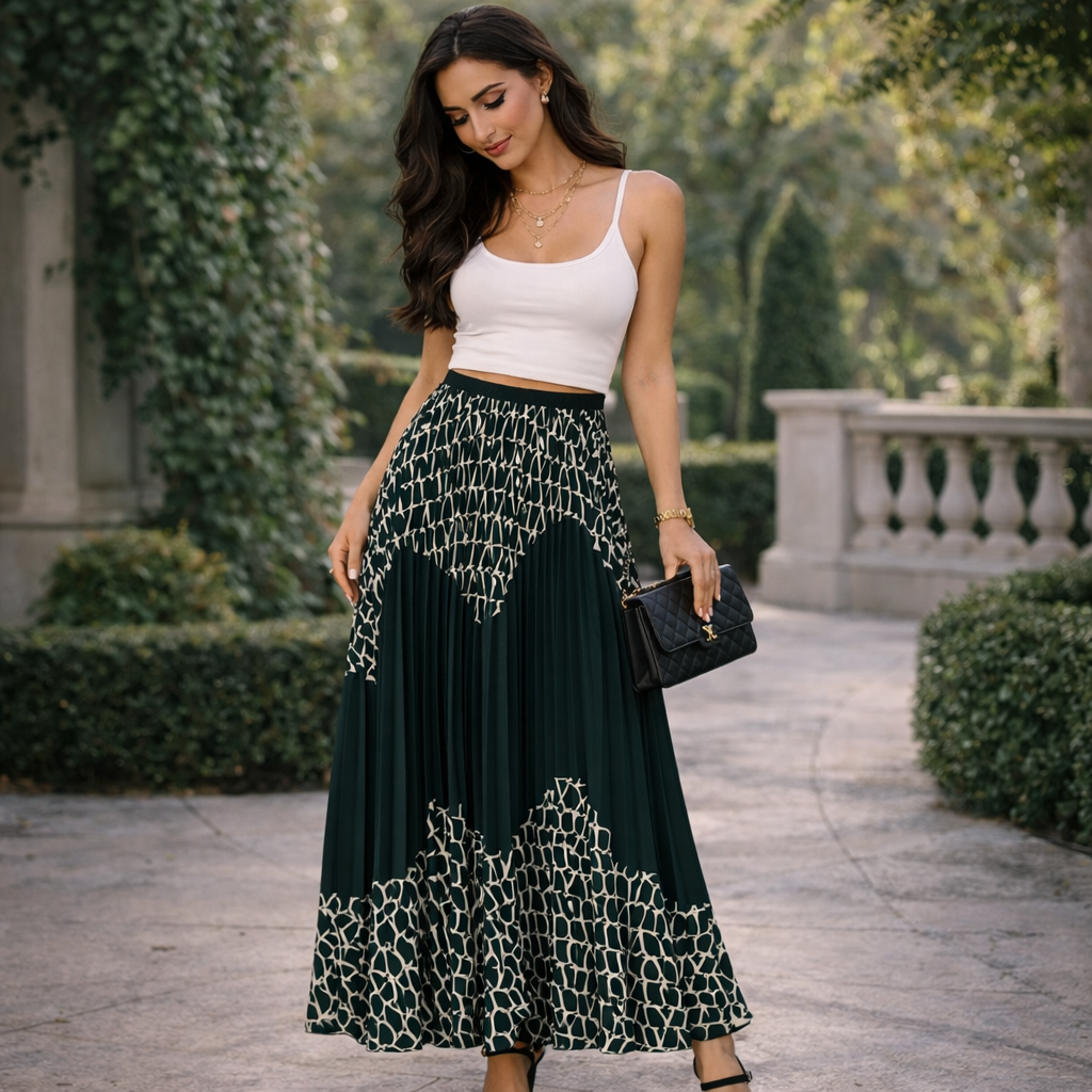 Woman wearing a white top and green patterned skirt in an outdoor setting