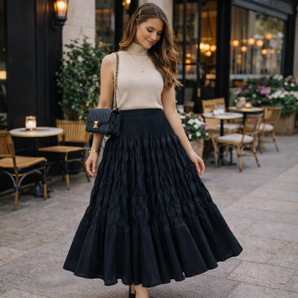 Woman in a black tiered skirt and beige top standing in an outdoor cafe setting.