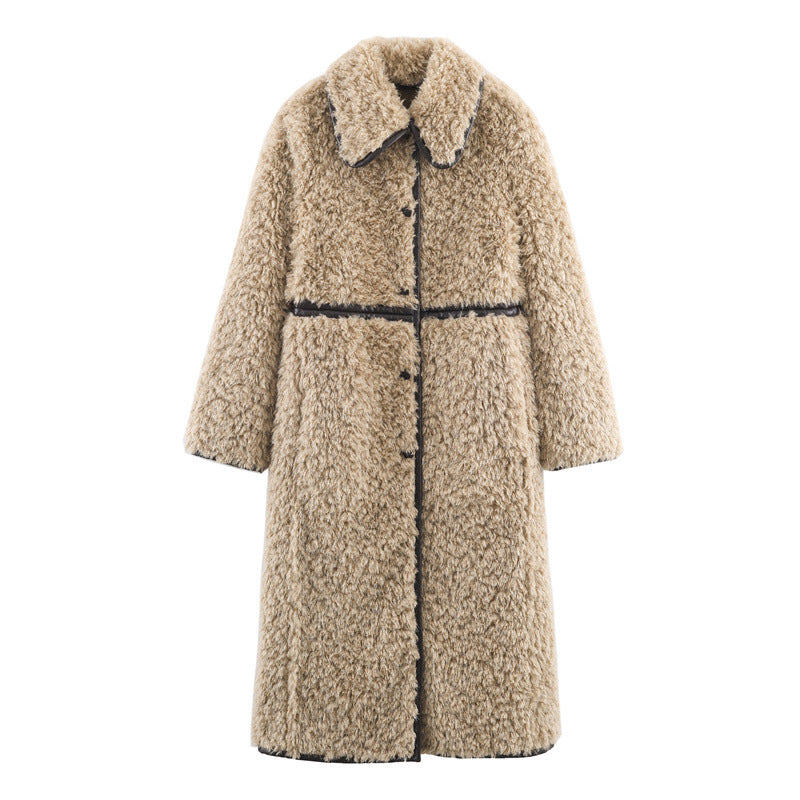 Beige teddy coat with a collar on a white background