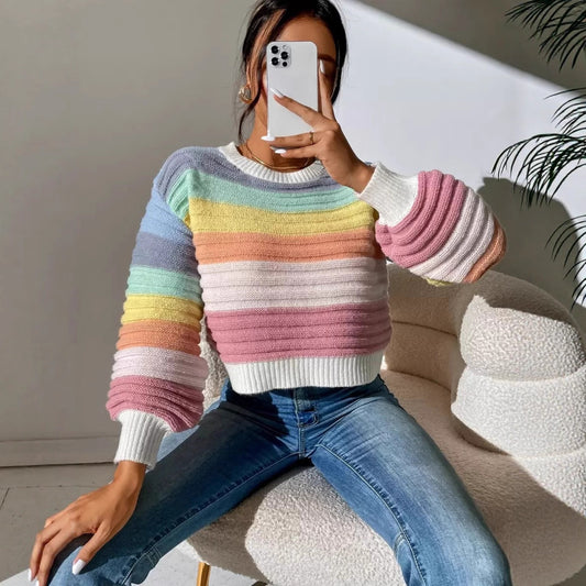 Striped Rainbow Knit Sweater – Soft Lantern Sleeve Cozy-Fit Pullover