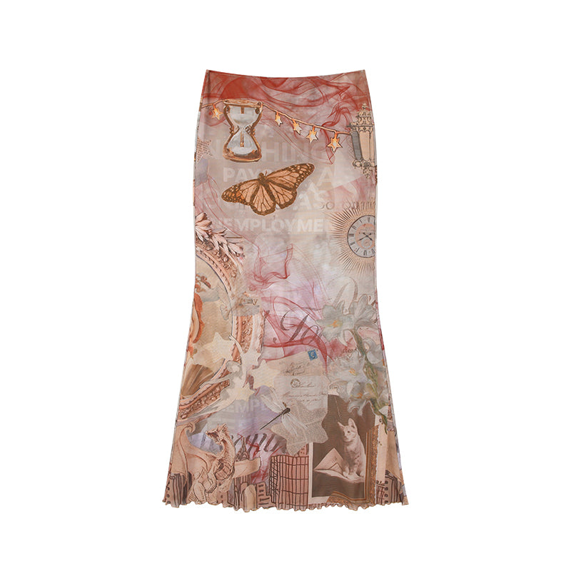 Soft Drift Printed Fishtail Midi Skirt