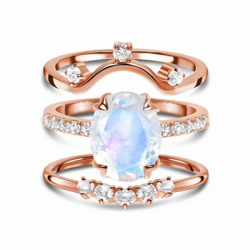 S925 Rose Gold Moonstone Ring Set — Soft Stacked Glow (3-Piece)