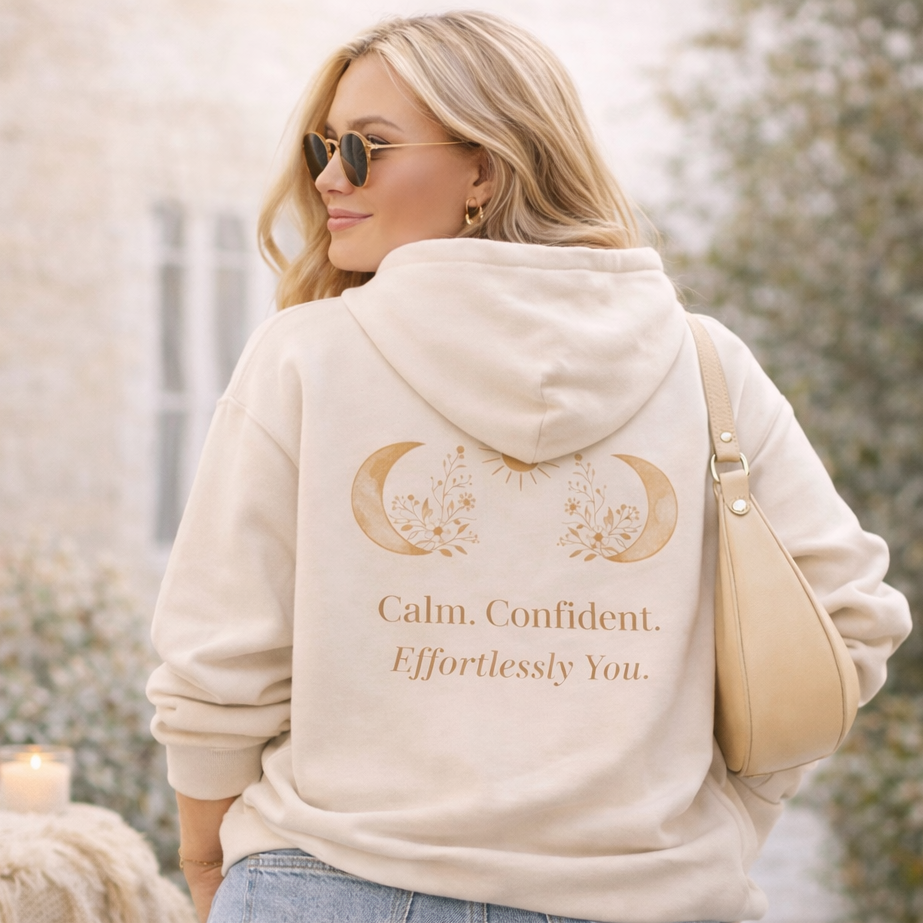 Woman wearing a beige hoodie with motivational text outdoors