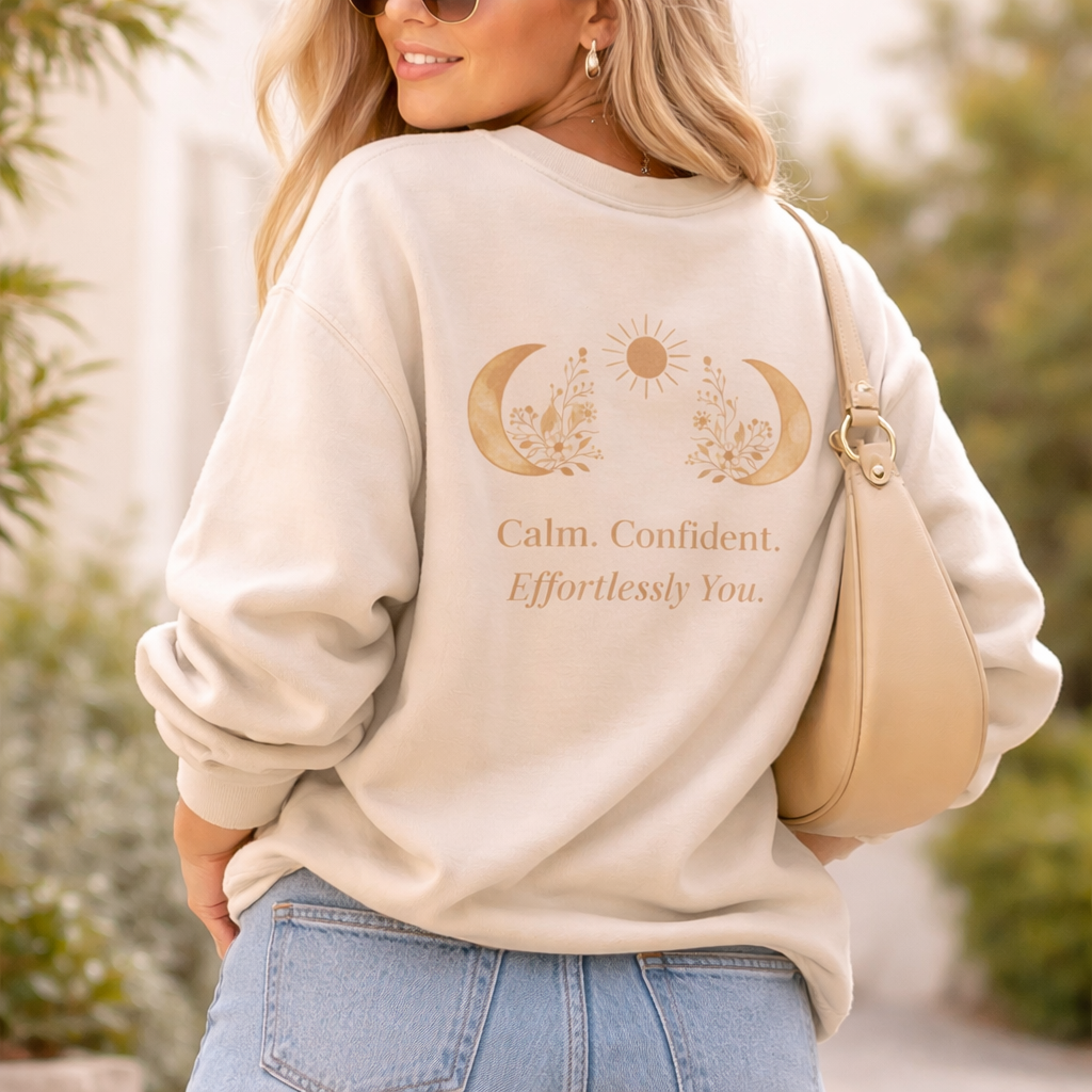 Woman wearing a beige sweatshirt with motivational text and celestial designs, standing outdoors.