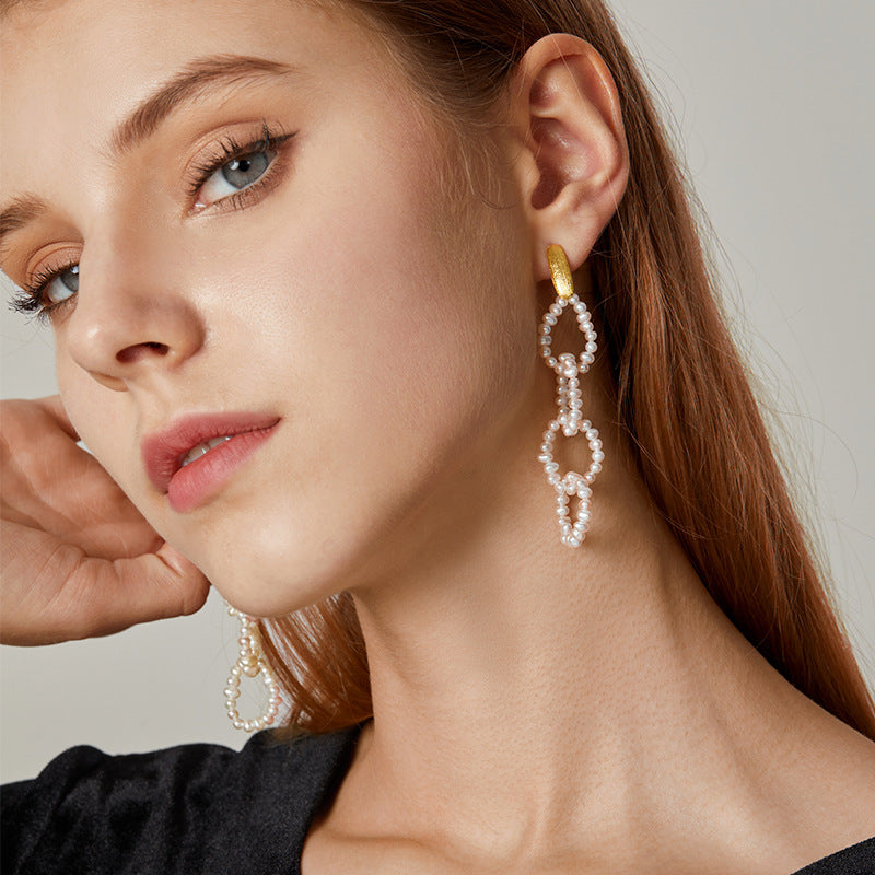 S925 Sterling Silver Natural Freshwater Pearl Chain Earrings – Modern Feminine Elegance