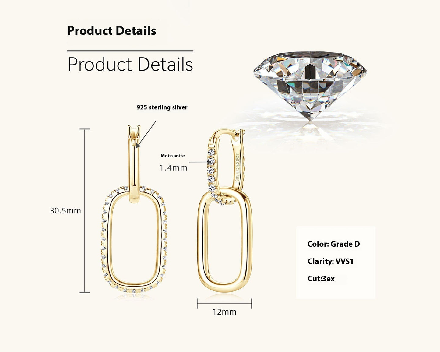 S925 Sterling Silver Moissanite Link Earrings – Modern Minimal Sparkle