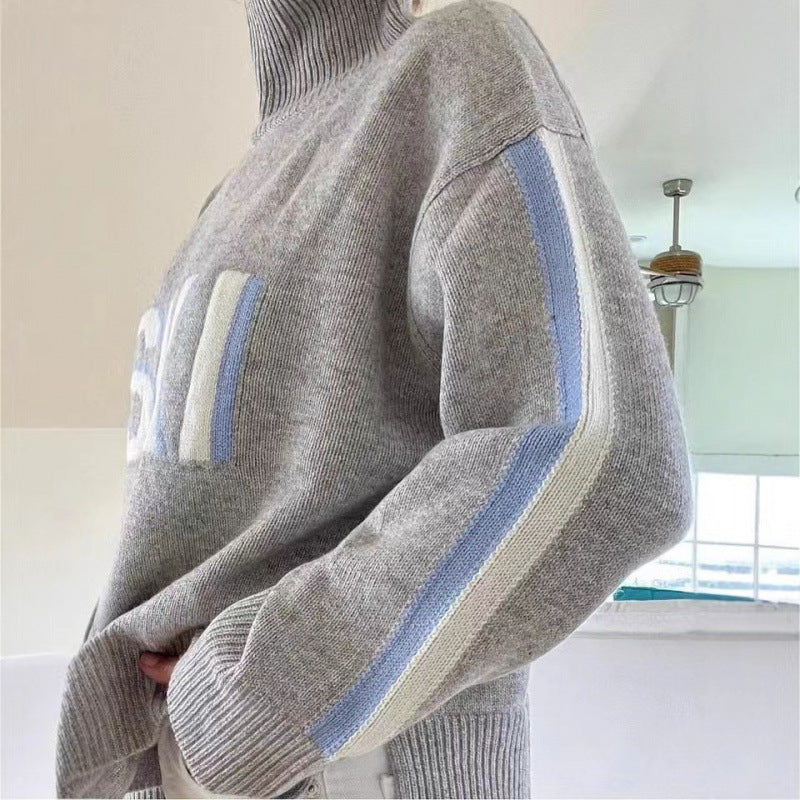 Cozy Turtleneck Knit Sweater with Letter Print – Loose Fit
