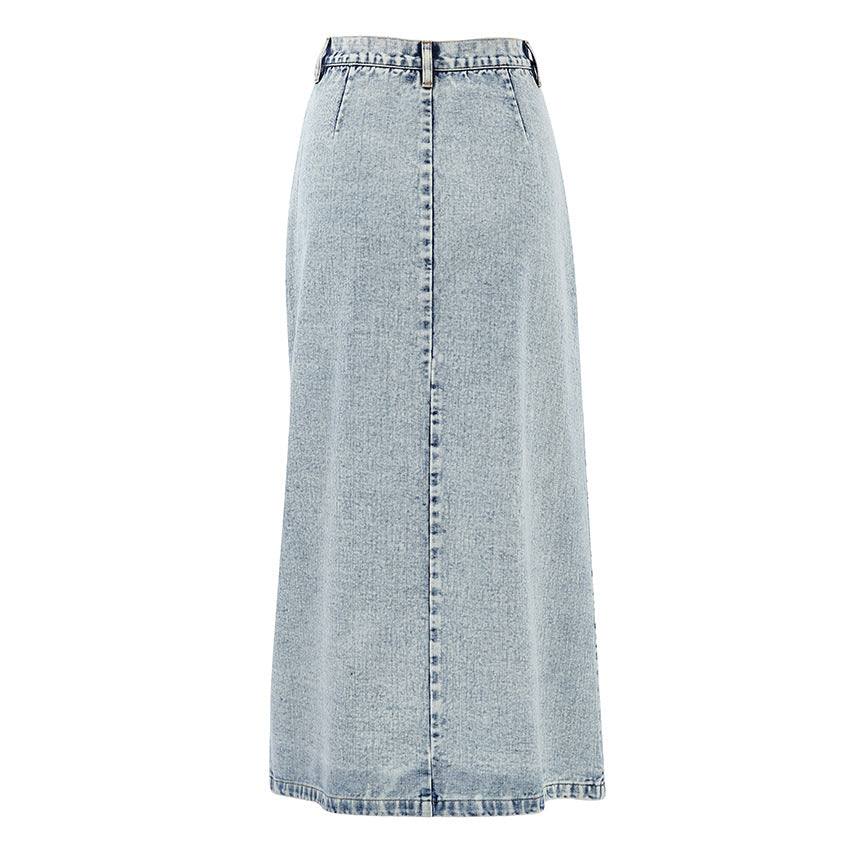 Retro Washed Denim A-Line Maxi Skirt