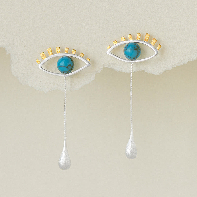 S925 Sterling Silver Mysterious Eye Drop Earrings – Turquoise & Pearl Detail