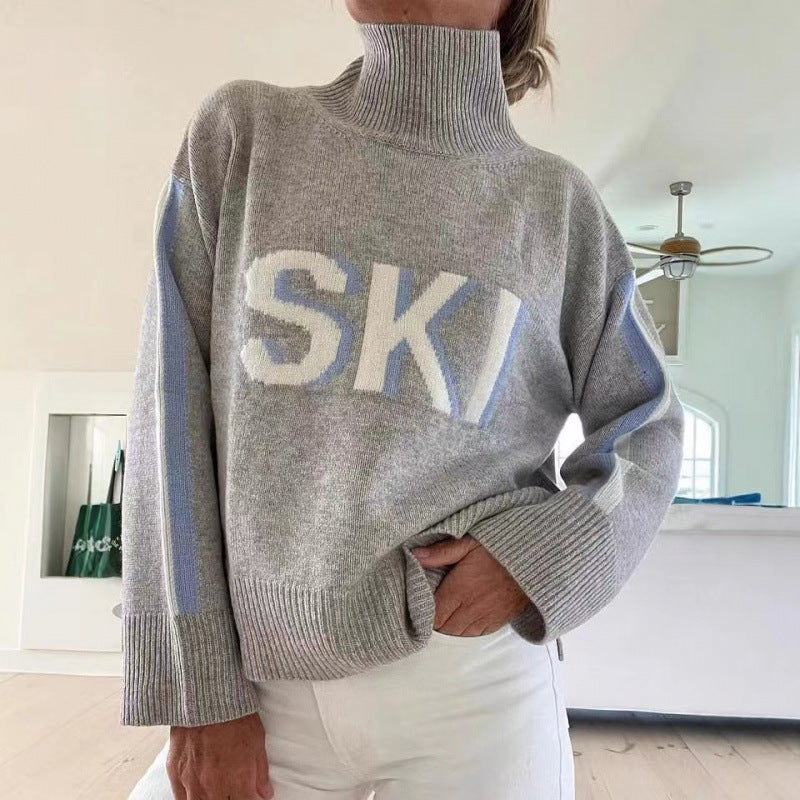 Cozy Turtleneck Knit Sweater with Letter Print – Loose Fit