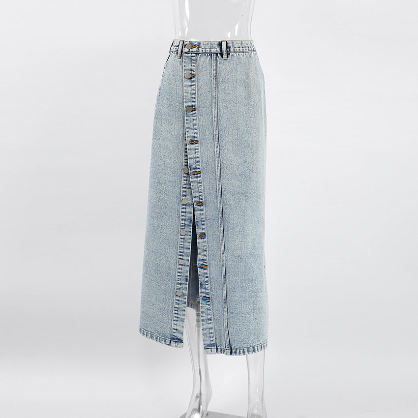 Retro Washed Denim A-Line Maxi Skirt