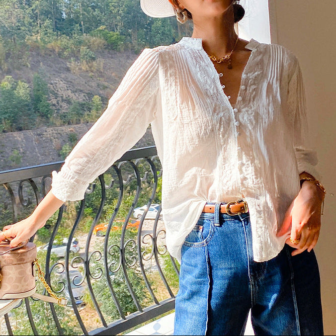 French Lace Panel Cotton Shirt – Soft White