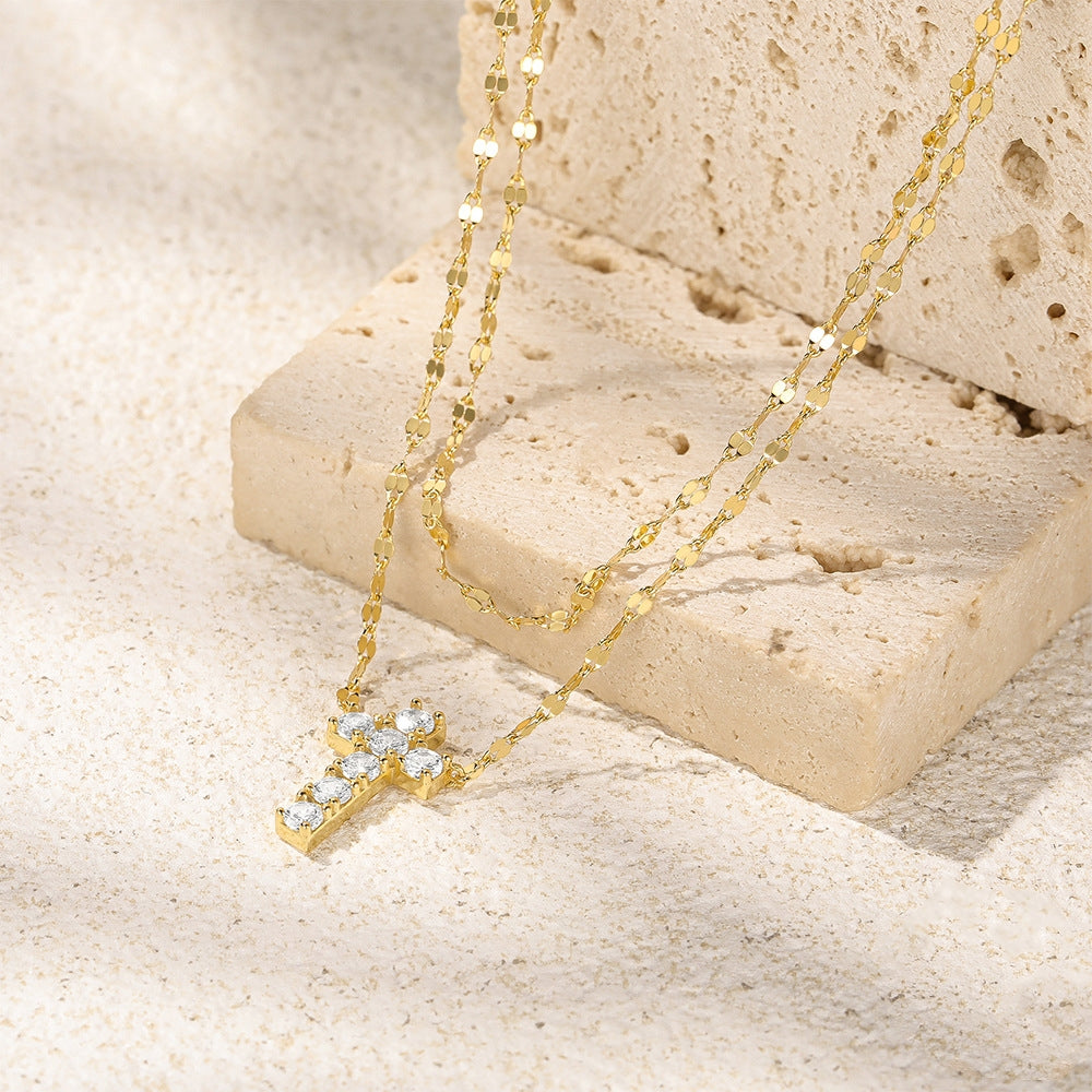 S925 Sterling Silver Twin-Layer Cross Necklace – Diamond-Studded Elegant Shine