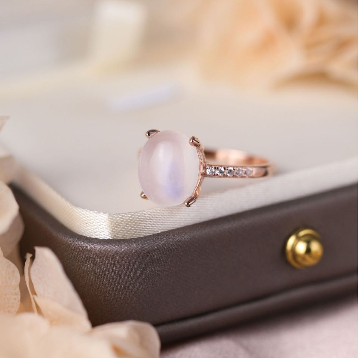 S925 Rose Gold Moonstone Ring Set — Soft Stacked Glow (3-Piece)