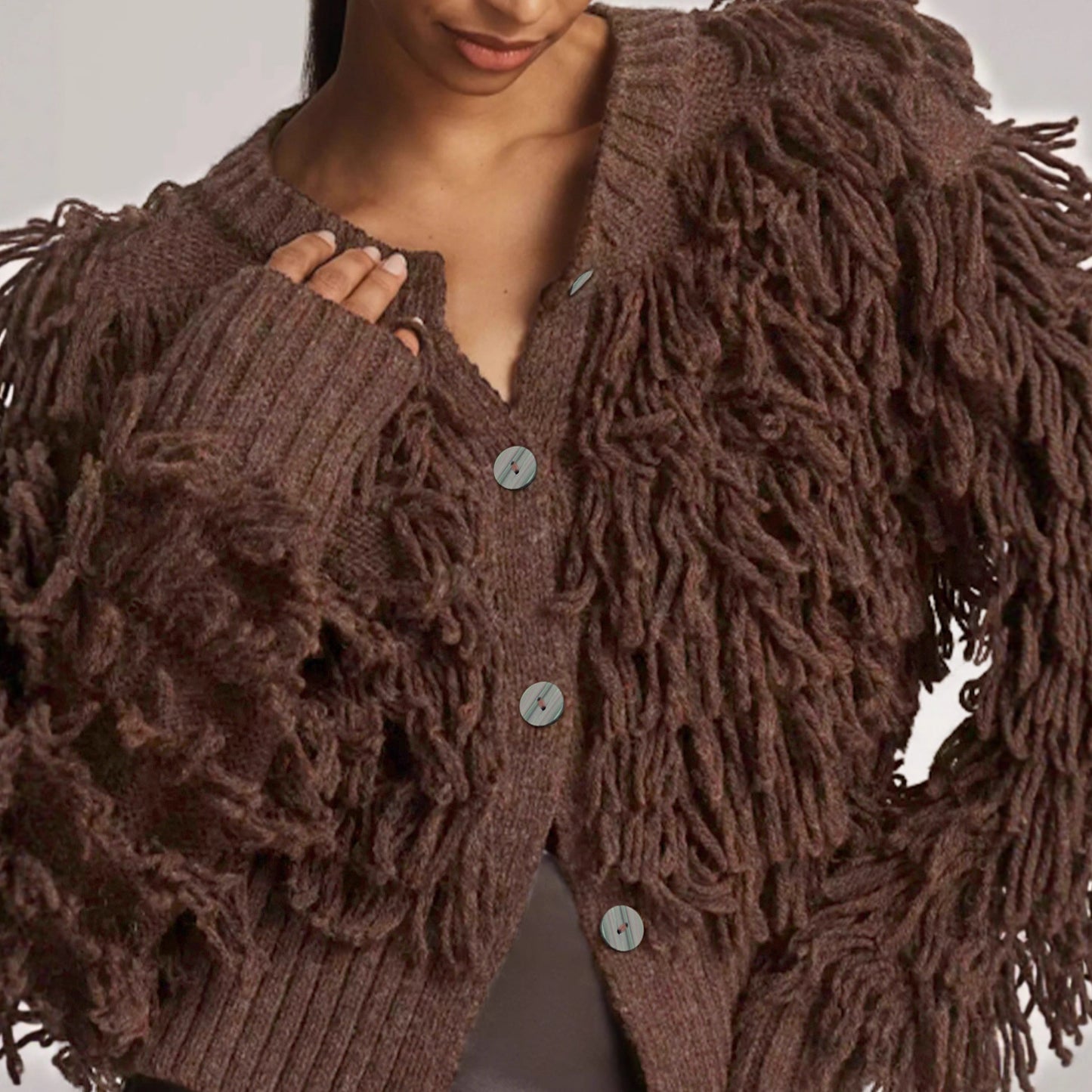 Textured Fringe Knit Cardigan – Statement Loop-Detail Sweater in Soft Brown