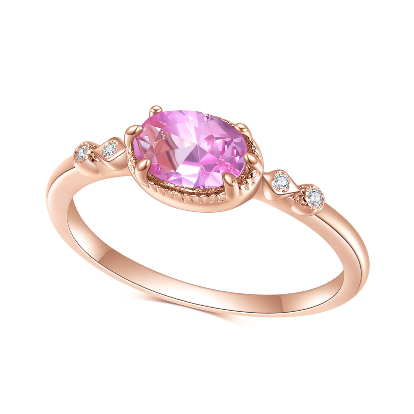 Rose gold ring with a pink gemstone on a white background