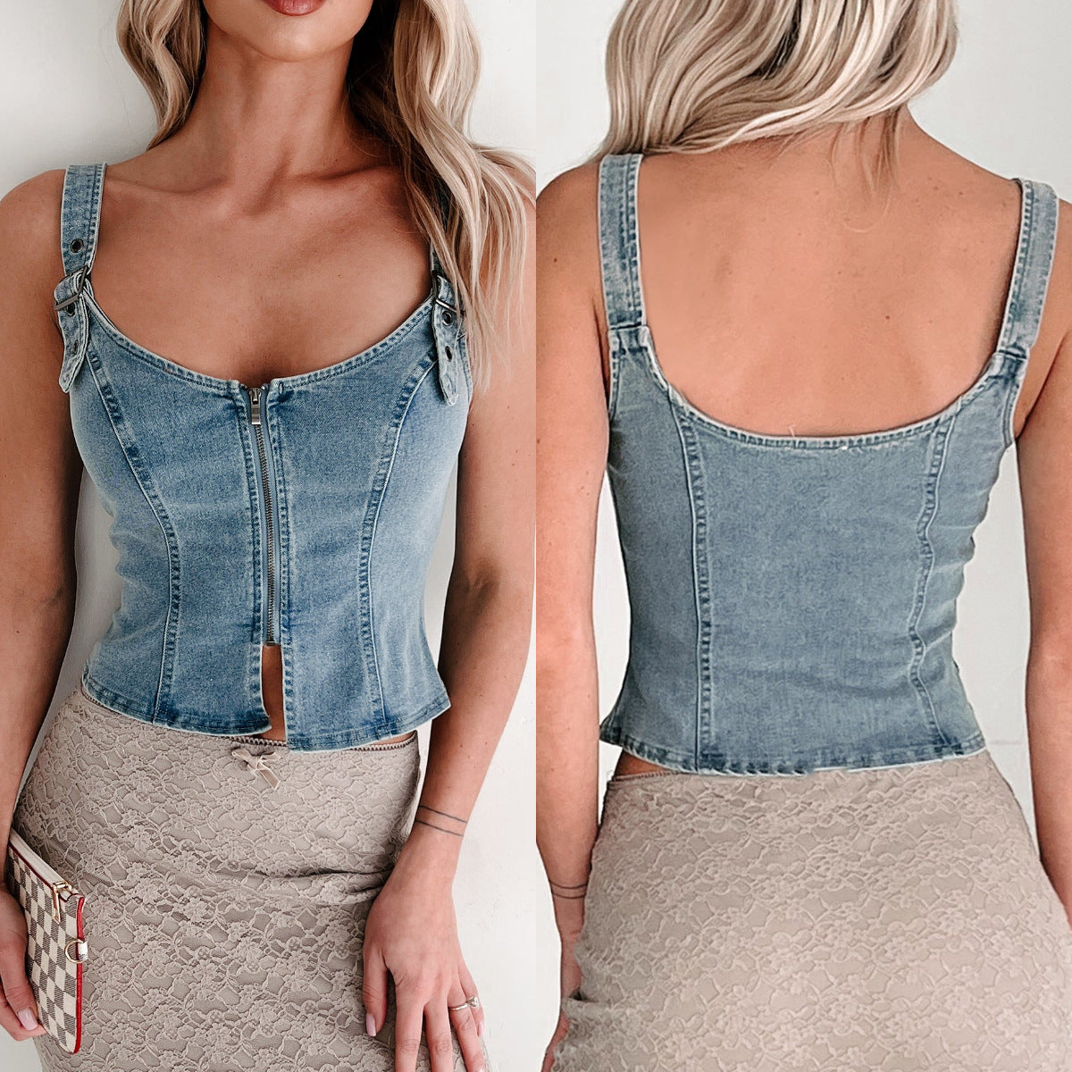 Denim Zip-Up Tank Top – Slim Fit Sleeveless Street Style