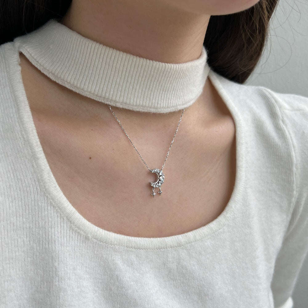 S925 Moon & Heart Zircon Necklace — Soft Celestial Charm