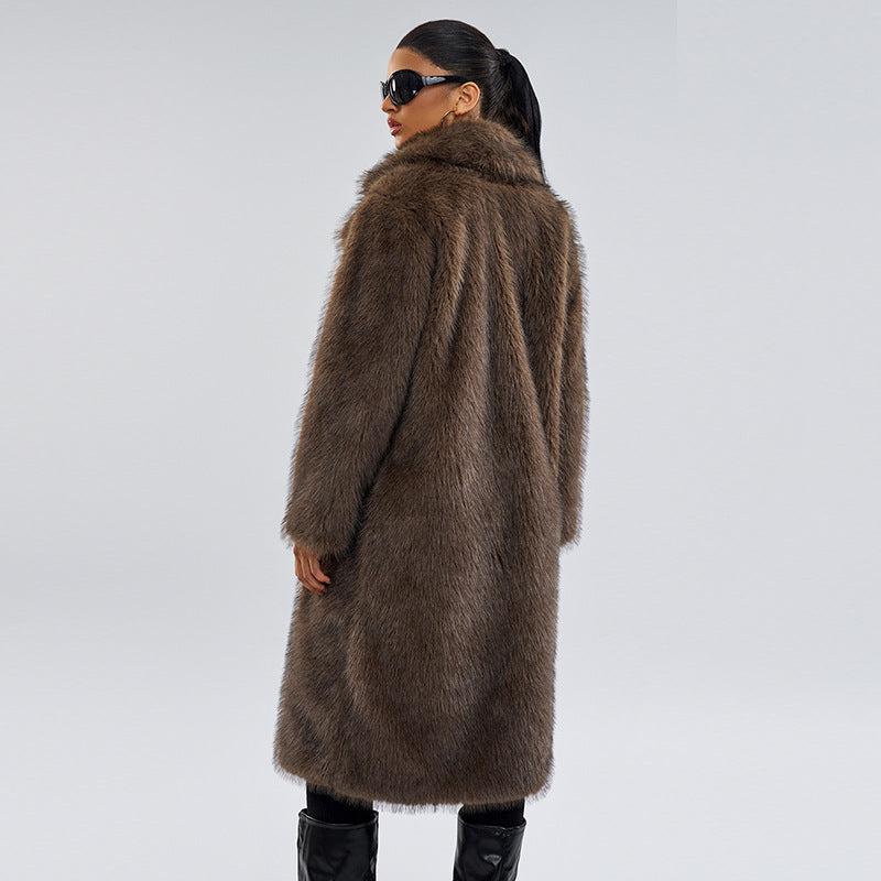 Long Faux Fur Overcoat – Elegant Brown Winter Coat