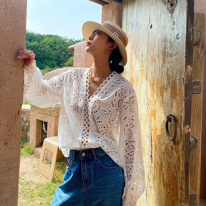 Embroidered French Cotton Shirt – Soft Beige