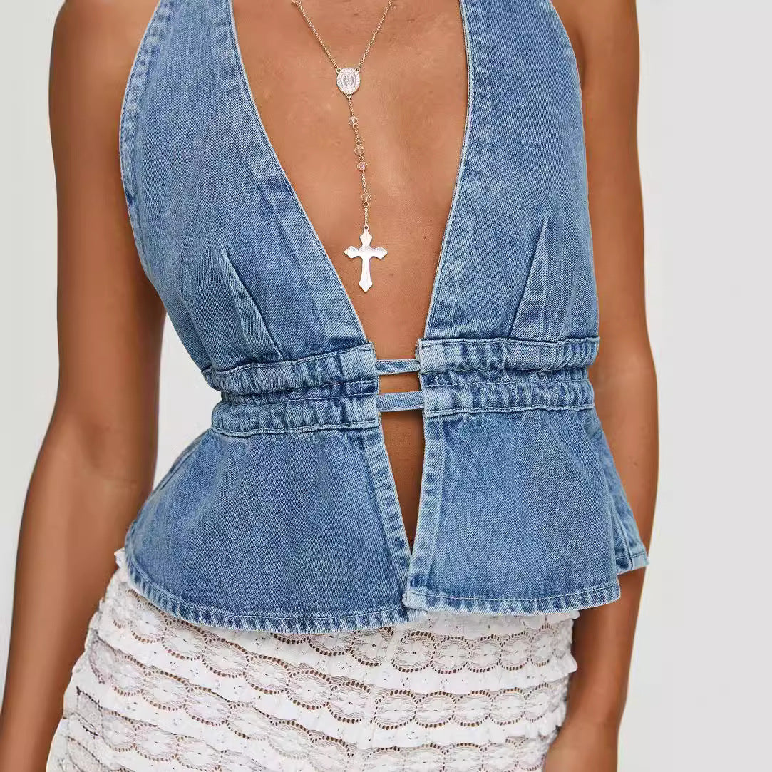Denim Halter Lace-Up Top – Open Back Statement Piece