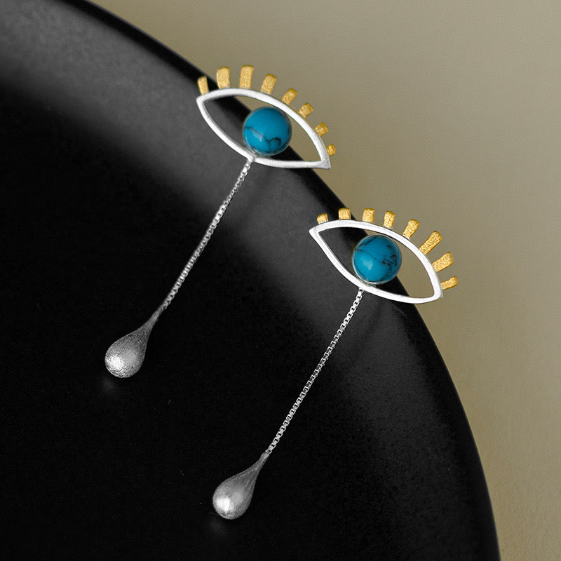 S925 Sterling Silver Mysterious Eye Drop Earrings – Turquoise & Pearl Detail