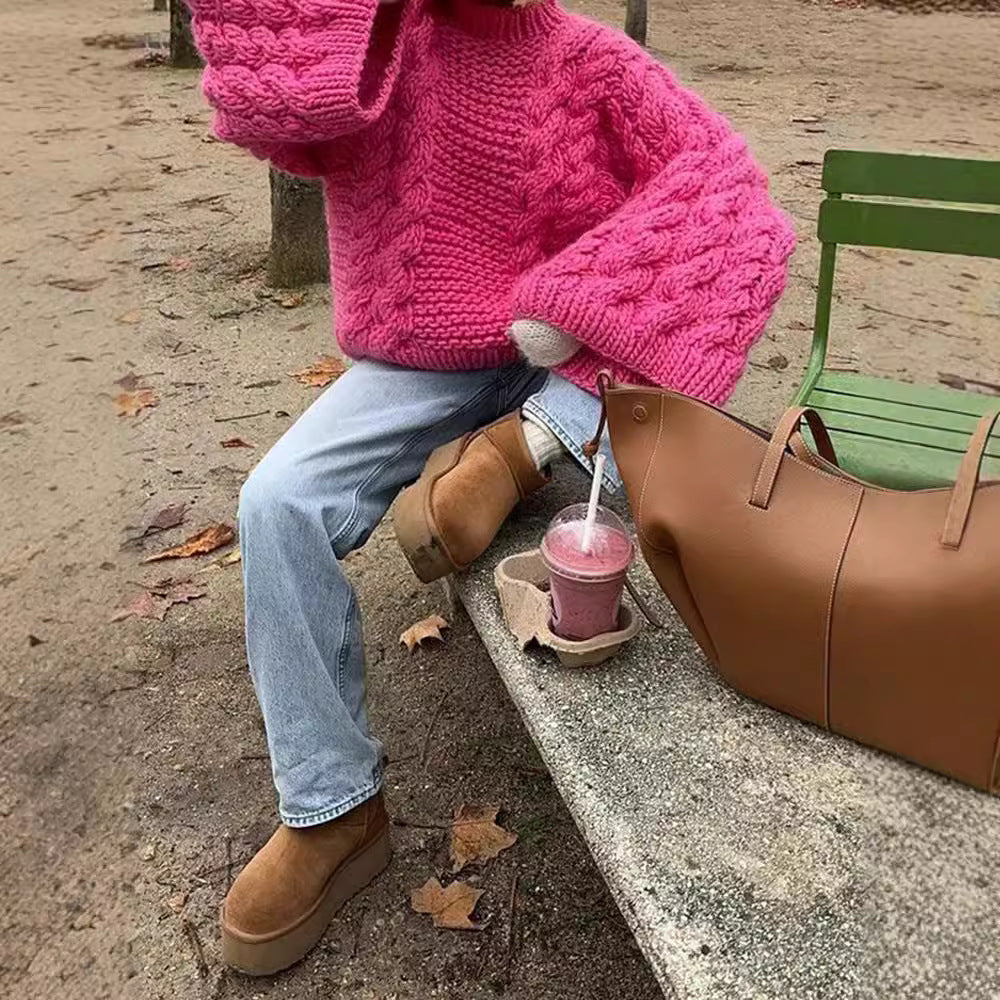 Cozy Flared-Sleeve Knit Sweater – Soft Round-Neck Loose Fit Pullover