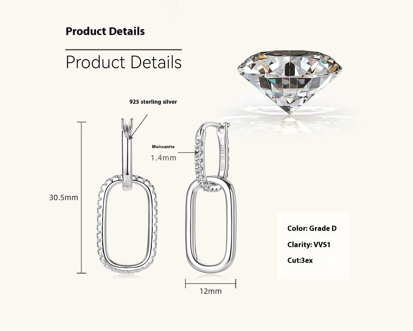 S925 Sterling Silver Moissanite Link Earrings – Modern Minimal Sparkle