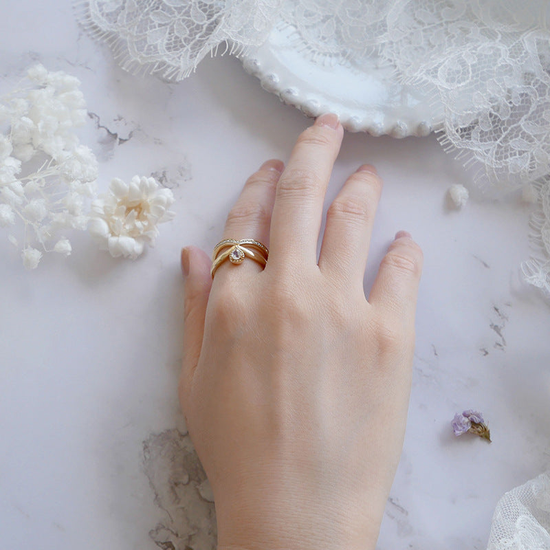 S925 Silver Plated 14K Gold Moonstone V-Shaped Ring – Delicate Zircon Drop Design