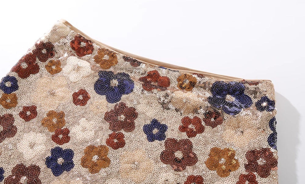 Soft Bloom Sequin Embroidery A-Line Skirt