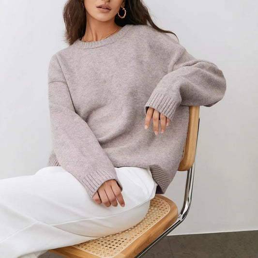 Soft Luxe Knit Sweater – Minimal Round-Neck Loose-Fit Pullover for Autumn & Winter