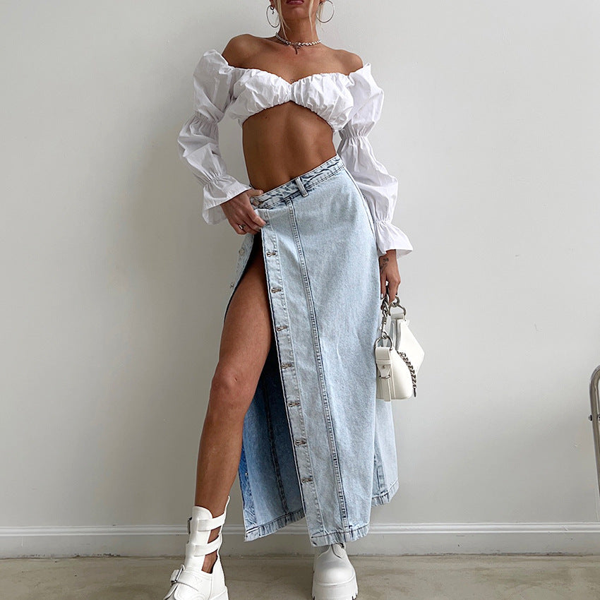 Retro Washed Denim A-Line Maxi Skirt