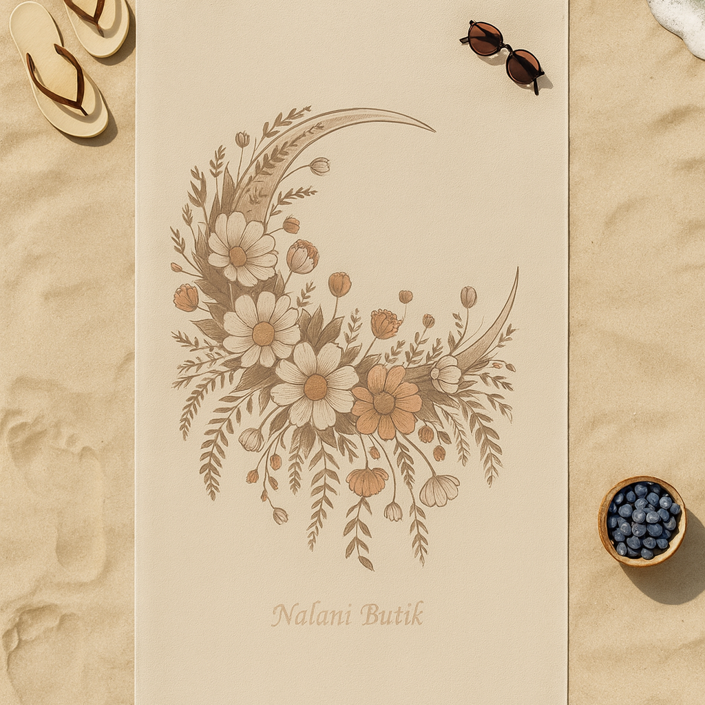 Beige towel with floral design on a sandy surface with beach accessories.