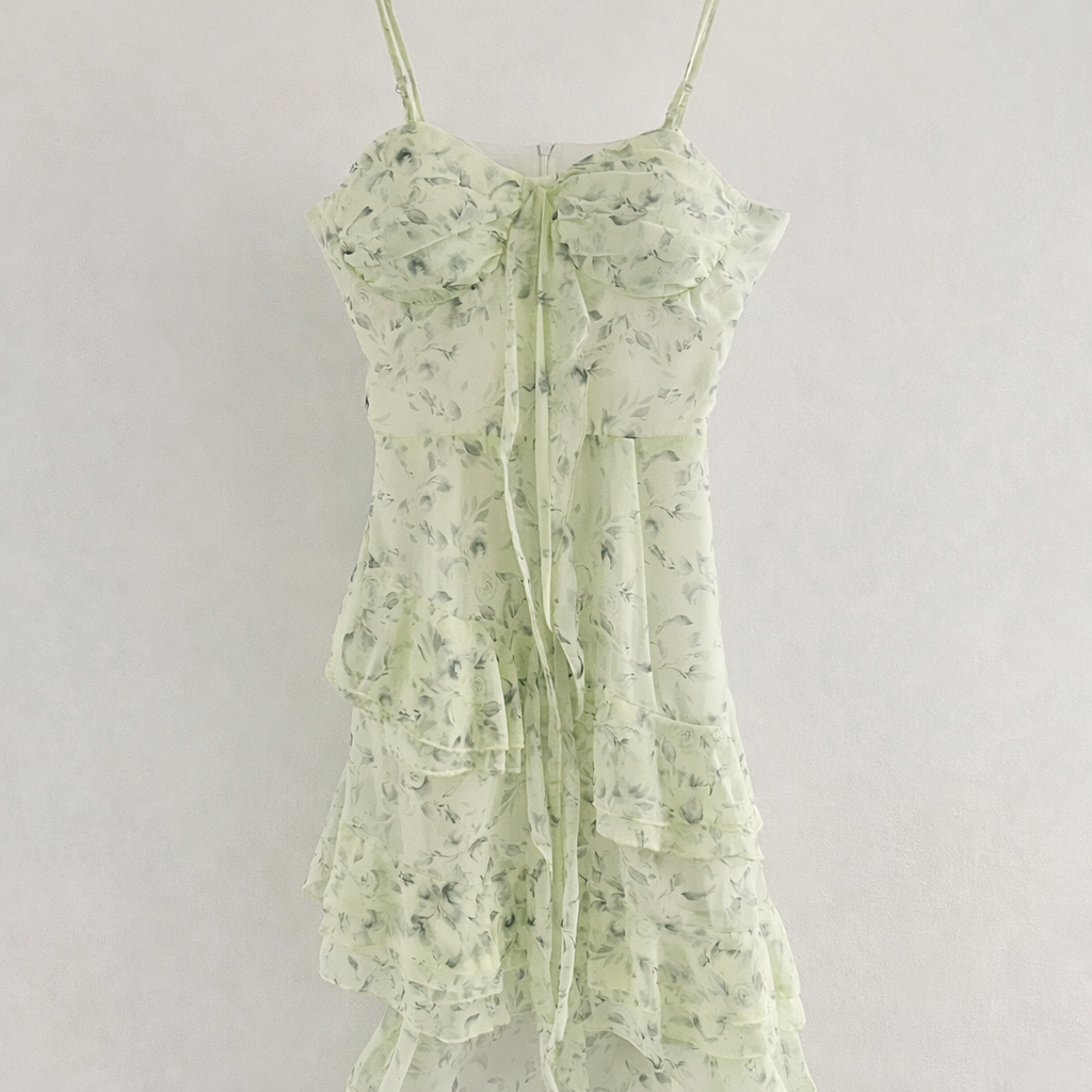 Light green floral dress on a plain background