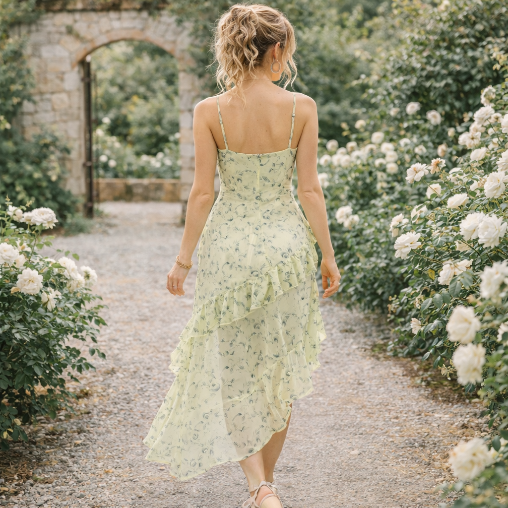 Woman in a floral dress walking through a garden path with white flowers on either side.