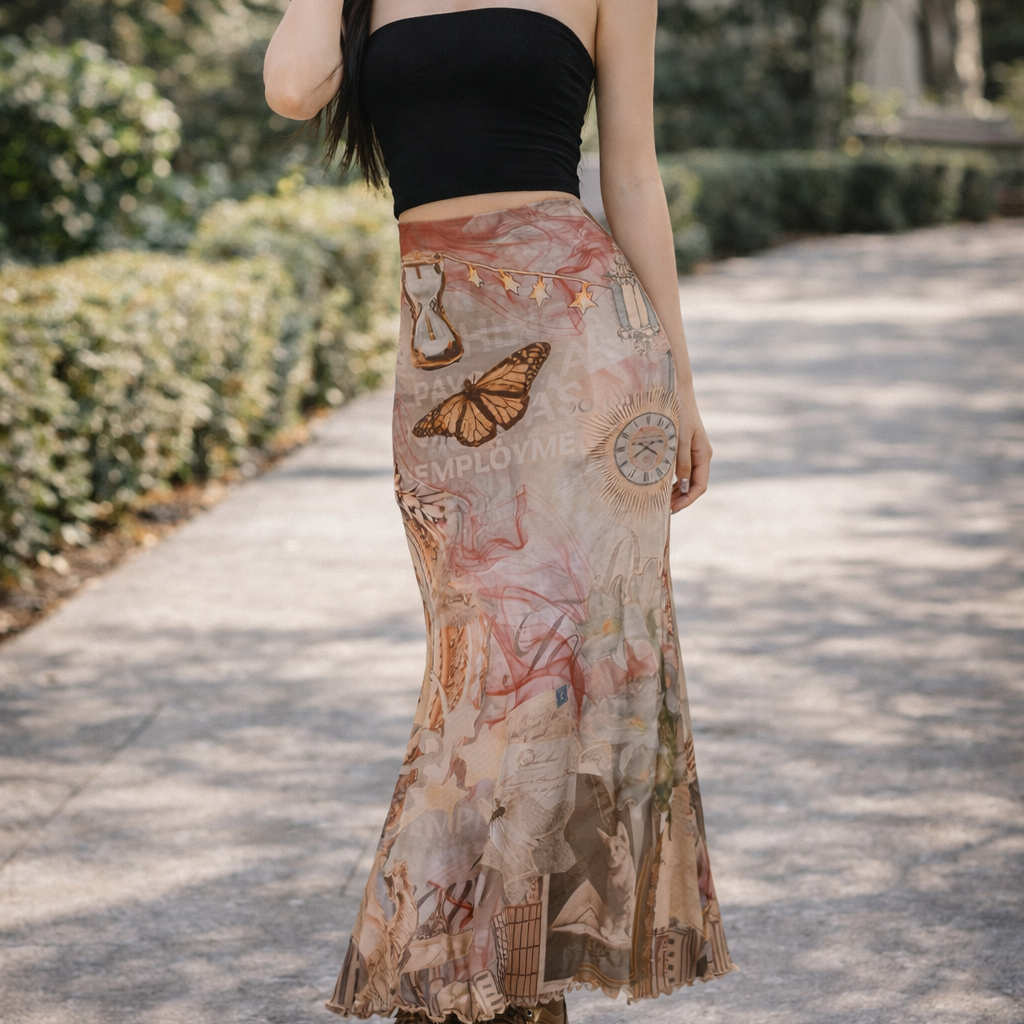 Woman wearing a black top and patterned skirt outdoors