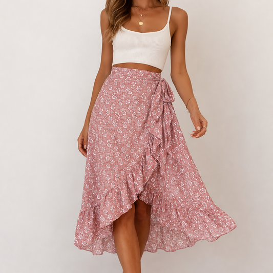 Woman wearing a white top and pink floral skirt on a white background