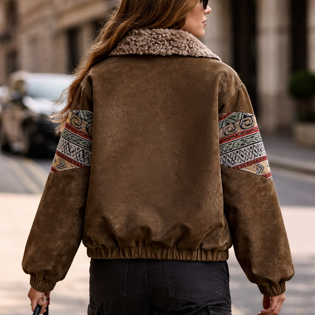Woman wearing a brown suede jacket with patterned sleeves on a city street.