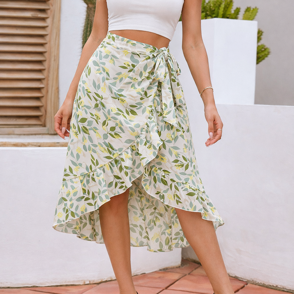 Golden Tides Floral Chiffon Wrap Skirt